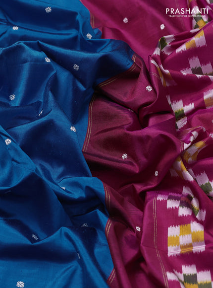 Pochampally silk saree cs blue and pink with allover thread woven buttas and zari woven ikat border