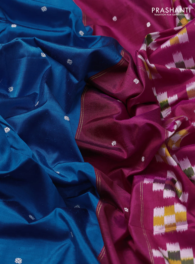 Pochampally silk saree cs blue and pink with allover thread woven buttas and zari woven ikat border