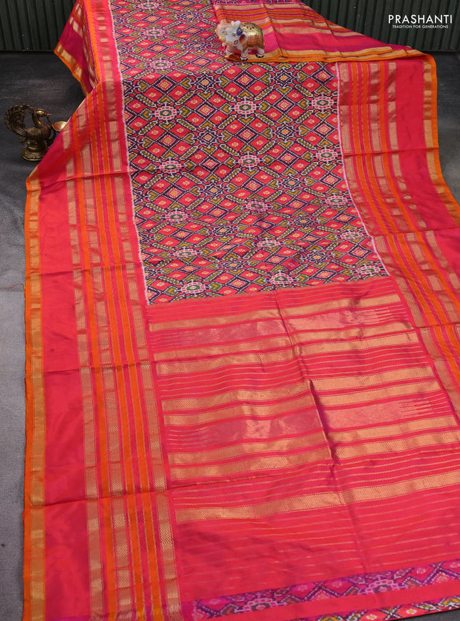 Pochampally silk saree peach pink and dual shade of pinkish orange with allover ikat weaves and long rettapet zari woven border