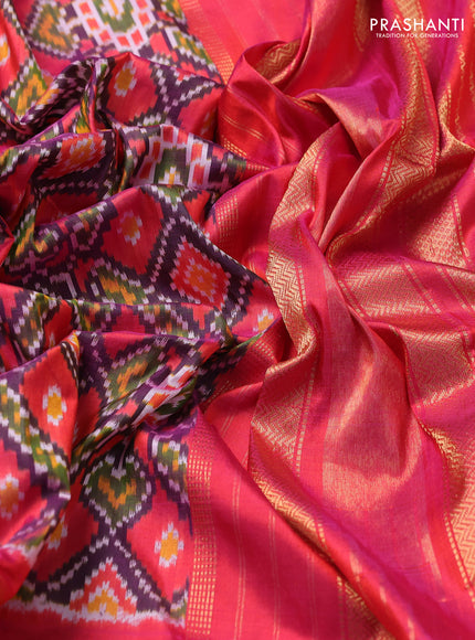 Pochampally silk saree peach pink and dual shade of pinkish orange with allover ikat weaves and long rettapet zari woven border