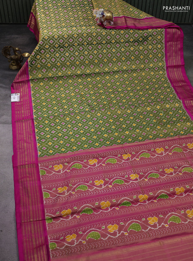 Pochampally tissue silk saree green and pink with allover ikat weaves and zari woven border