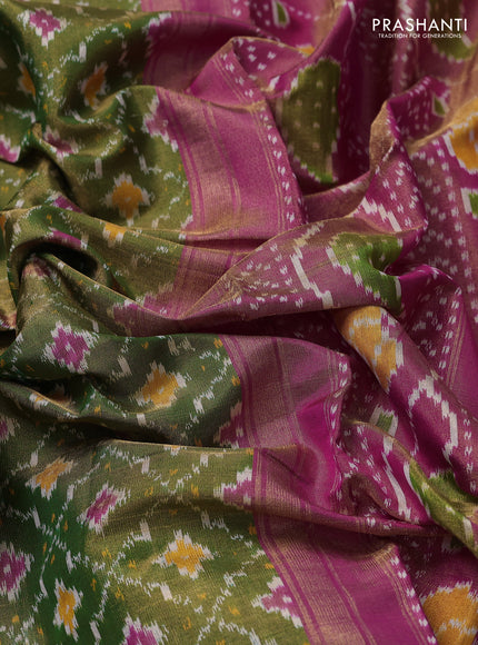 Pochampally tissue silk saree green and pink with allover ikat weaves and zari woven border