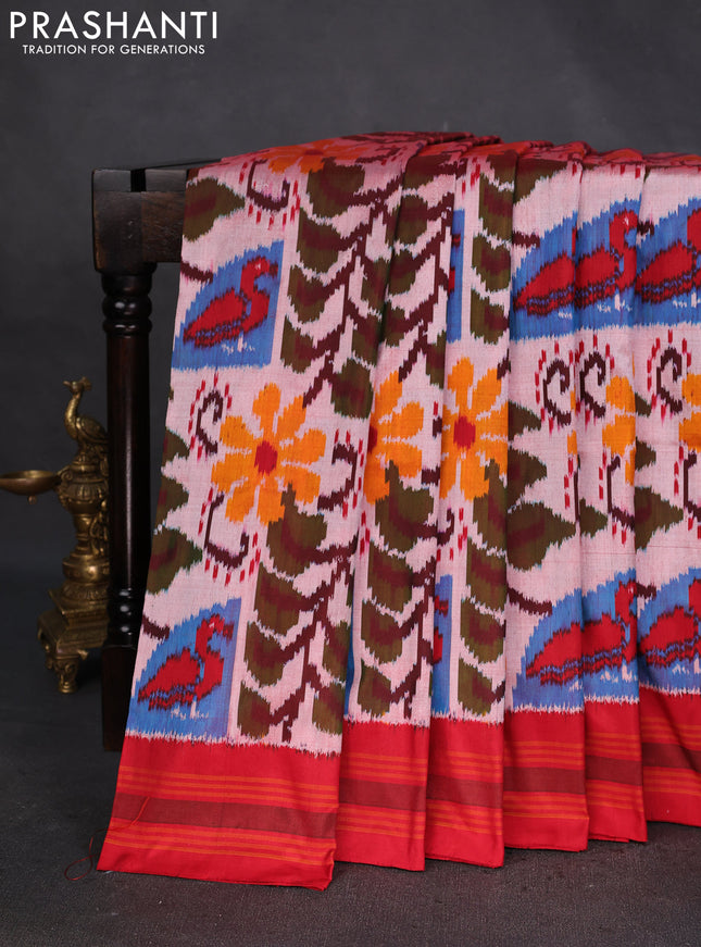 Pochampally silk saree peach shade and red with allover ikat weaves and rettapet border