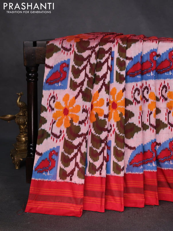 Pochampally silk saree peach shade and red with allover ikat weaves and rettapet border
