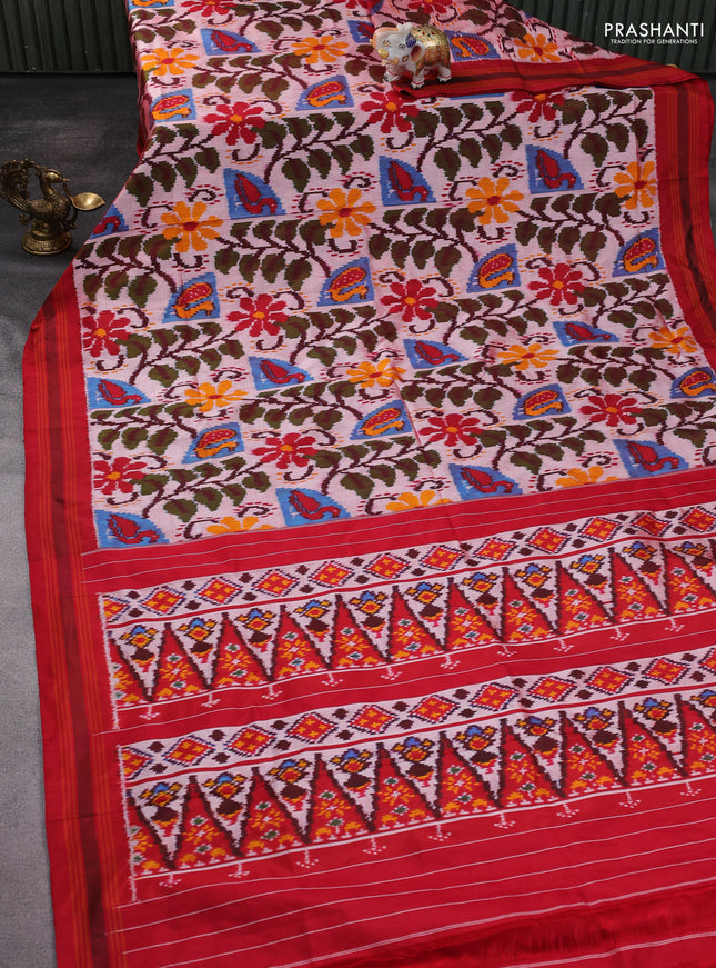 Pochampally silk saree peach shade and red with allover ikat weaves and rettapet border