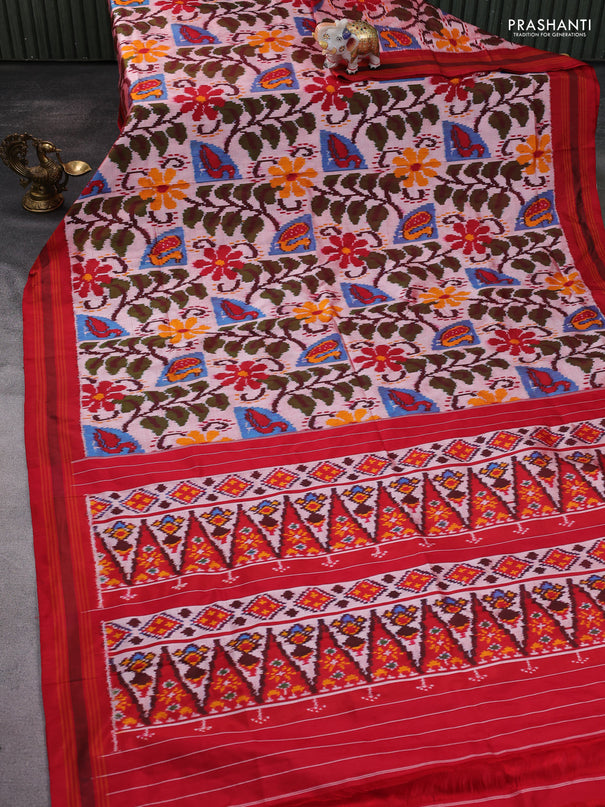 Pochampally silk saree peach shade and red with allover ikat weaves and rettapet border