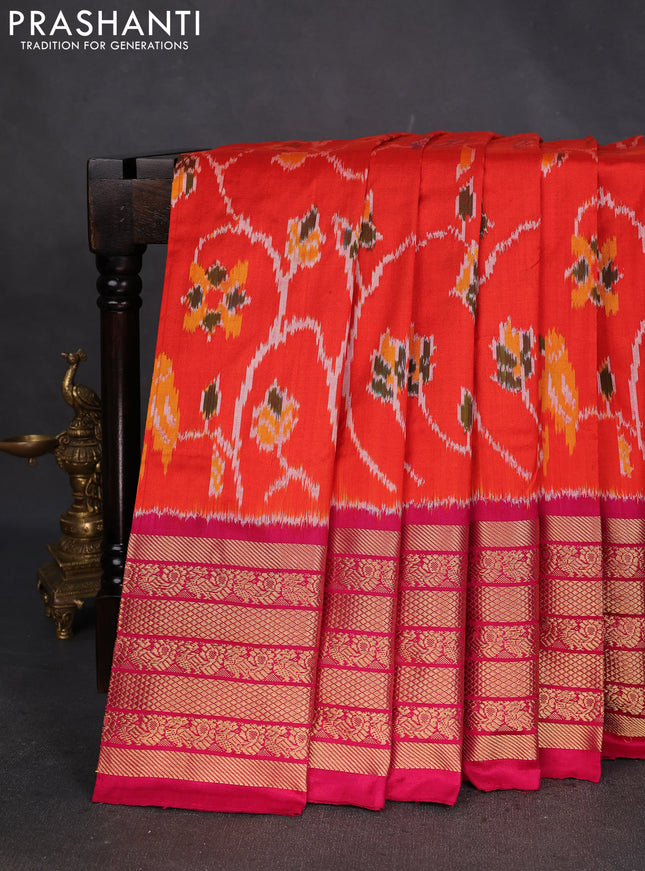 Pochampally silk saree orange and pink with allover ikat weaves and long zari woven border