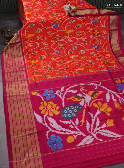 Pochampally silk saree orange and pink with allover ikat weaves and long zari woven border