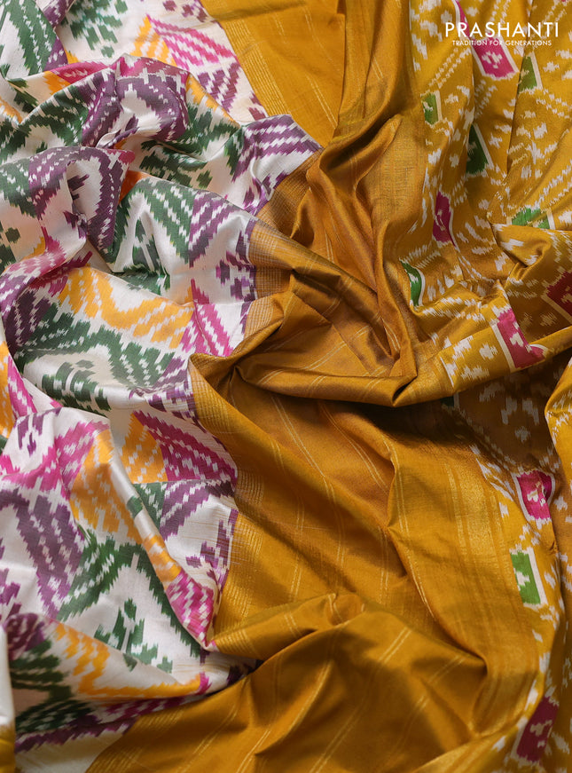 Pochampally silk saree cream and mustard yellow with allover ikat weaves and zari woven border