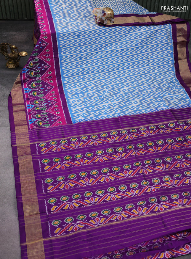Pochampally silk saree blue off white and purple with allover zig zag ikat weaves and long ikat woven zari border