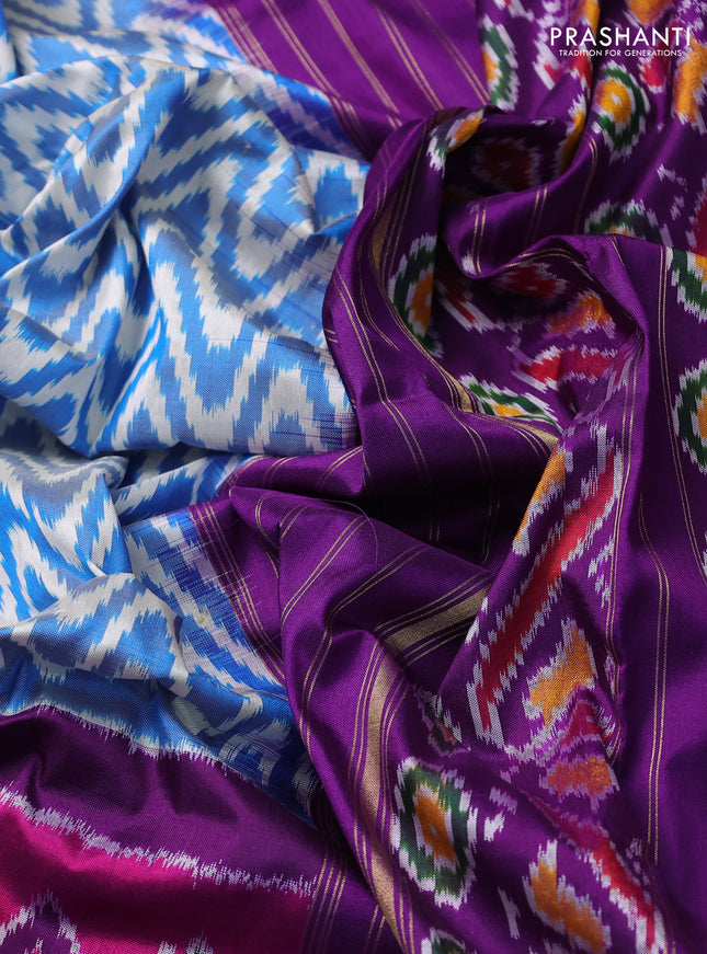 Pochampally silk saree blue off white and purple with allover zig zag ikat weaves and long ikat woven zari border