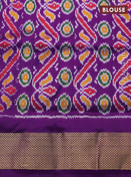 Pochampally silk saree blue off white and purple with allover zig zag ikat weaves and long ikat woven zari border
