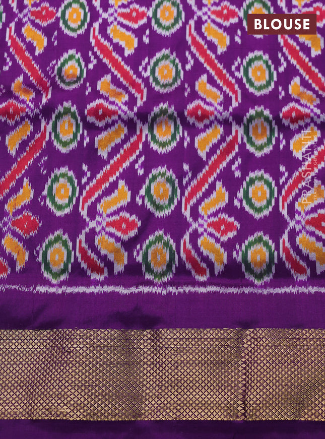 Pochampally silk saree blue off white and purple with allover zig zag ikat weaves and long ikat woven zari border
