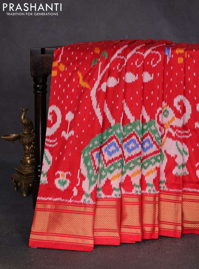 Pochampally silk saree red with allover ikat weaves and zari woven border