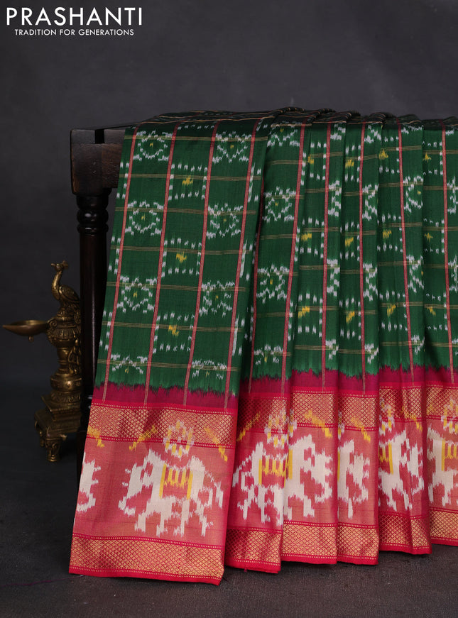 Pochampally silk saree green and pink with allover zari checks & ikat weaves and ikat woven zari border