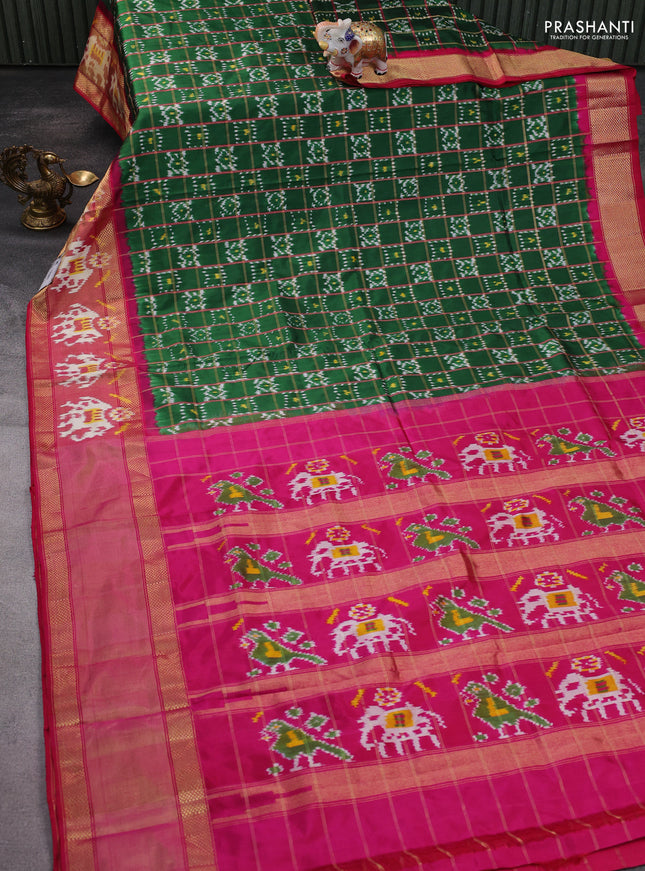 Pochampally silk saree green and pink with allover zari checks & ikat weaves and ikat woven zari border