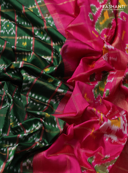 Pochampally silk saree green and pink with allover zari checks & ikat weaves and ikat woven zari border