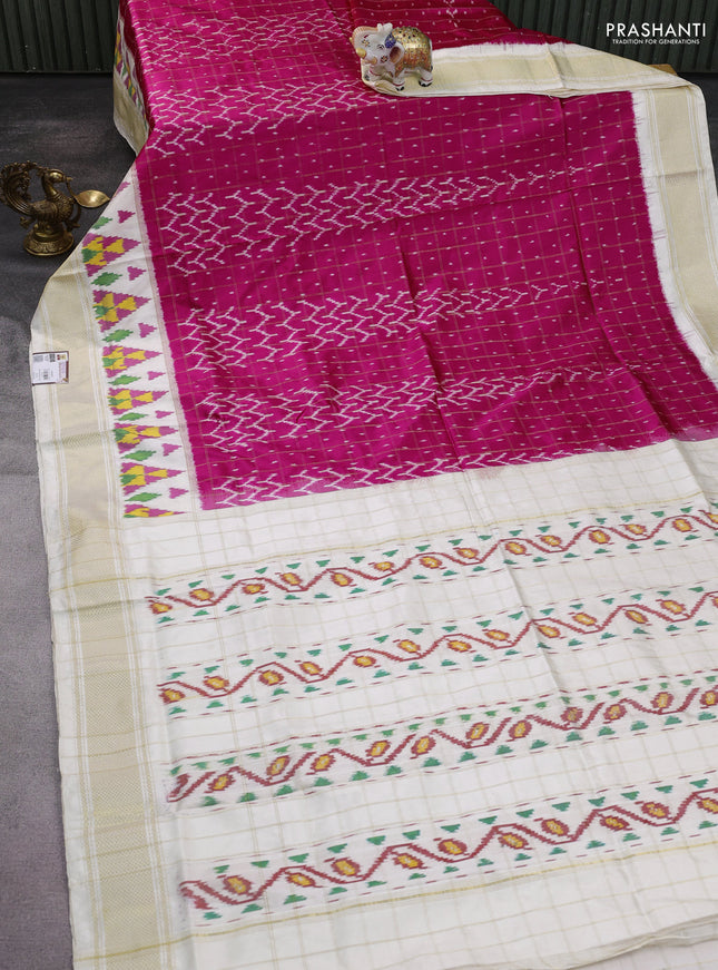 Pochampally silk saree pink and cream with allover zari checks & ikat weaves and ikat woven zari border
