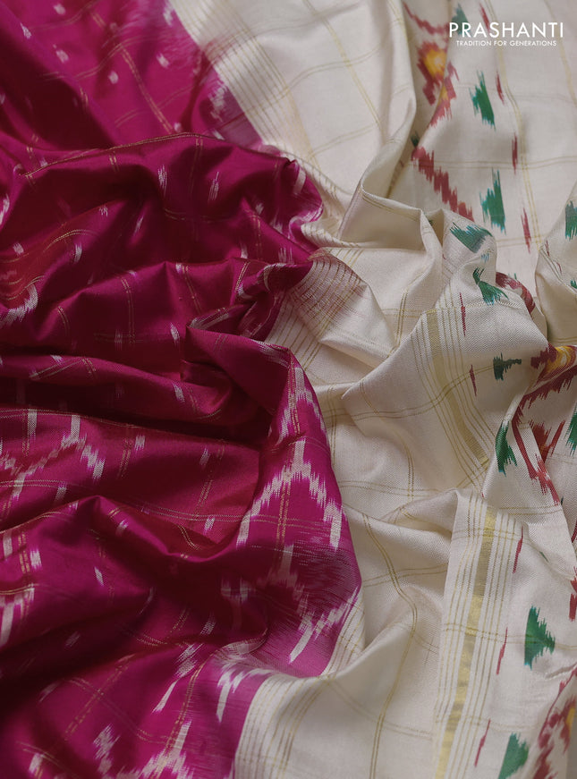 Pochampally silk saree pink and cream with allover zari checks & ikat weaves and ikat woven zari border