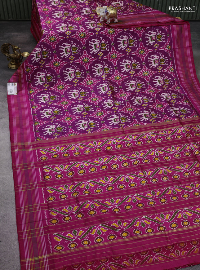 Pochampally silk saree purple and pink with allover patola weaves and rettapet border