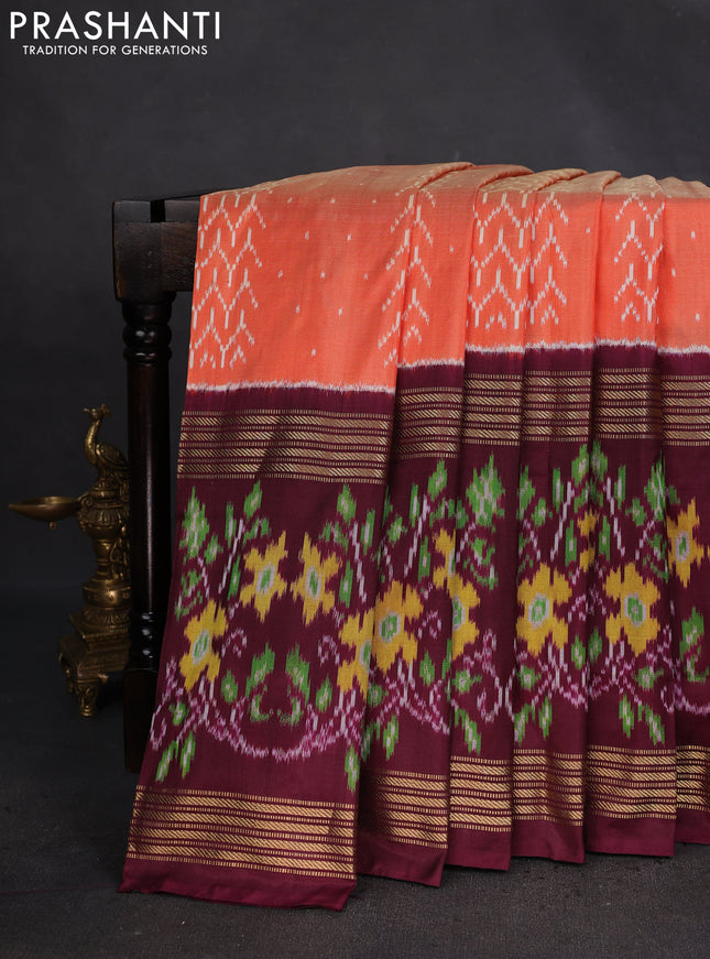 Pochampally silk saree orange and wine shade with allover ikat weaves and long zari woven ikat border
