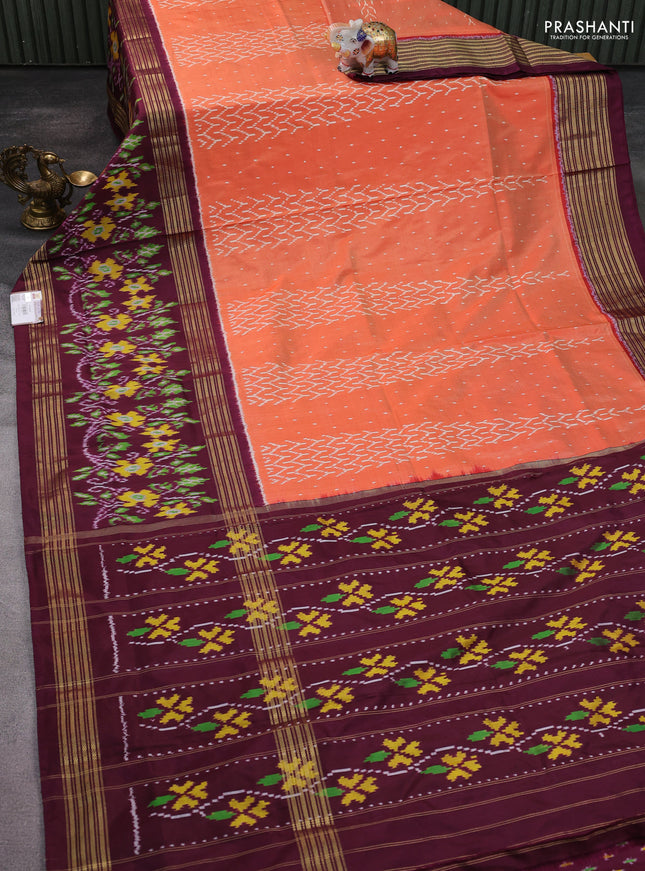 Pochampally silk saree orange and wine shade with allover ikat weaves and long zari woven ikat border