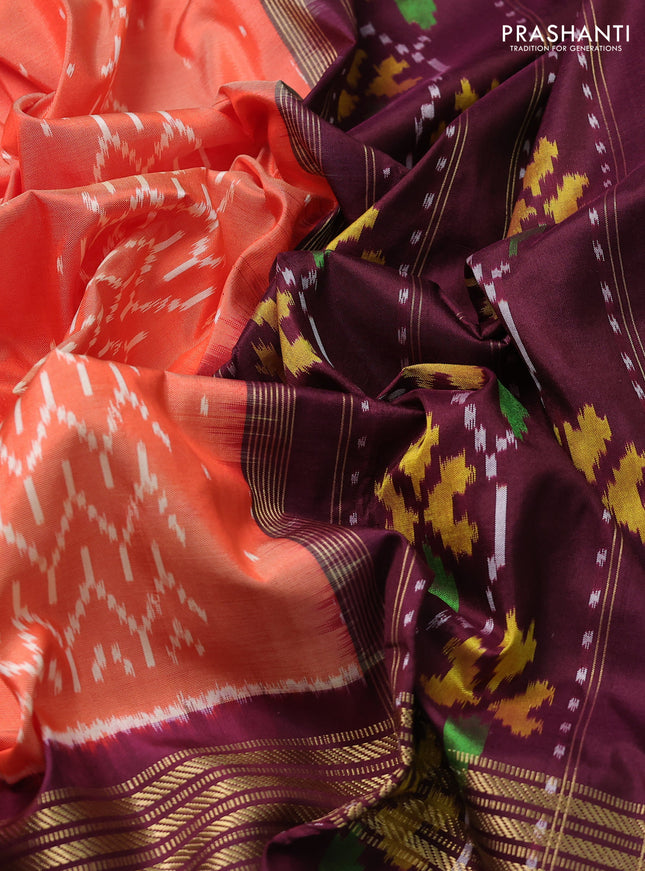 Pochampally silk saree orange and wine shade with allover ikat weaves and long zari woven ikat border