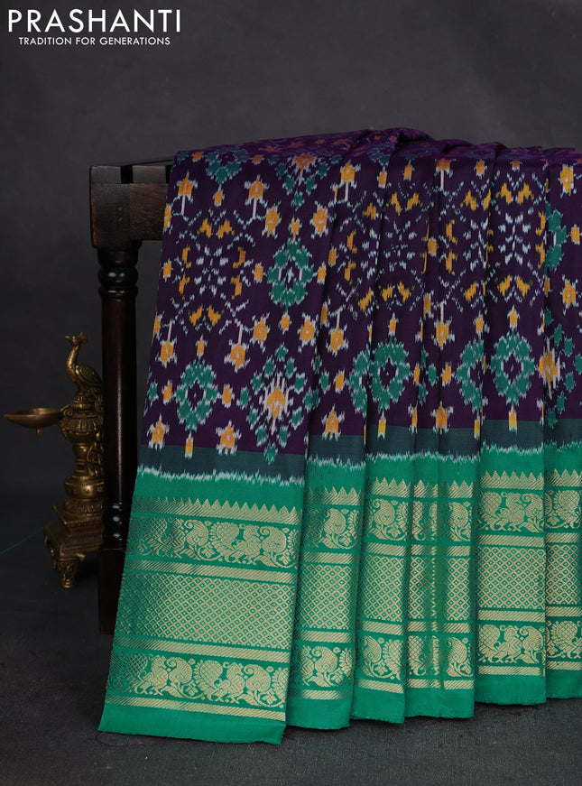 Pochampally silk saree jamun shade and teal green with allover ikat weaves and zari woven border