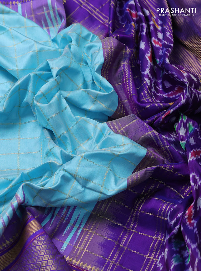 Pochampally silk saree light blue and violet with allover zari checks & ikat weaves and temple design zari woven border