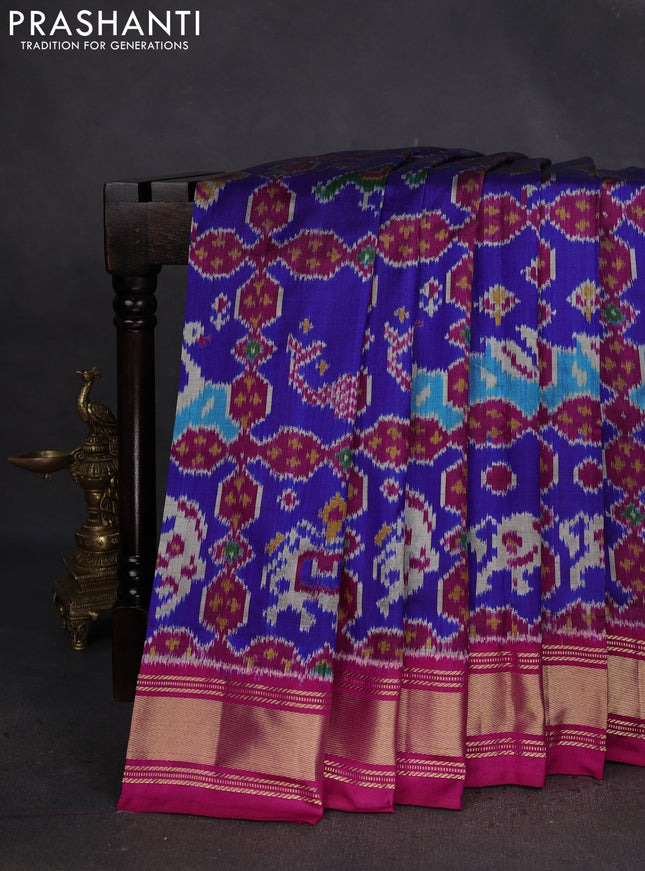 Pochampally silk saree blue and pink with allover ikat weaves and zari woven border