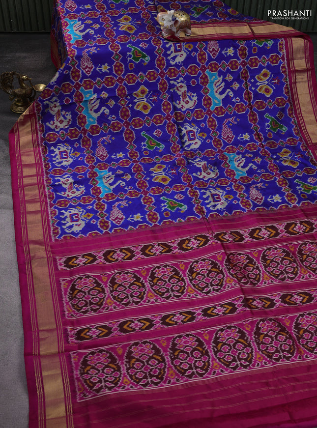 Pochampally silk saree blue and pink with allover ikat weaves and zari woven border