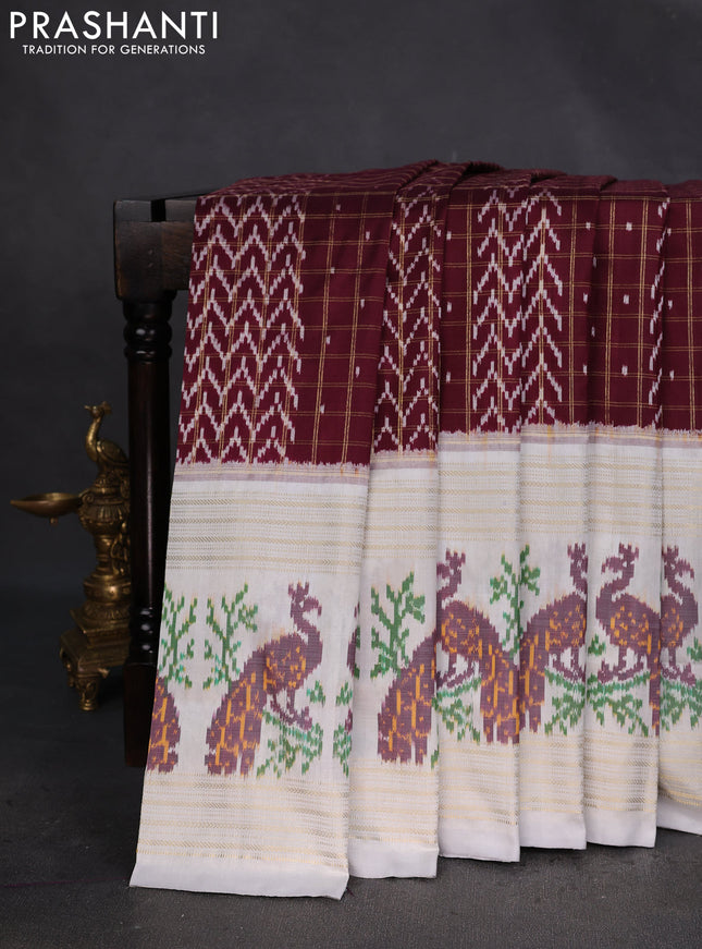 Pochampally silk saree deep maroon and pastel grey with allover zari checks & ikat weaves and long zari woven ikat border