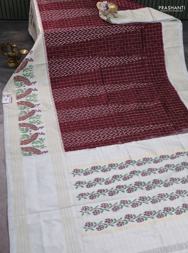 Pochampally silk saree deep maroon and pastel grey with allover zari checks & ikat weaves and long zari woven ikat border