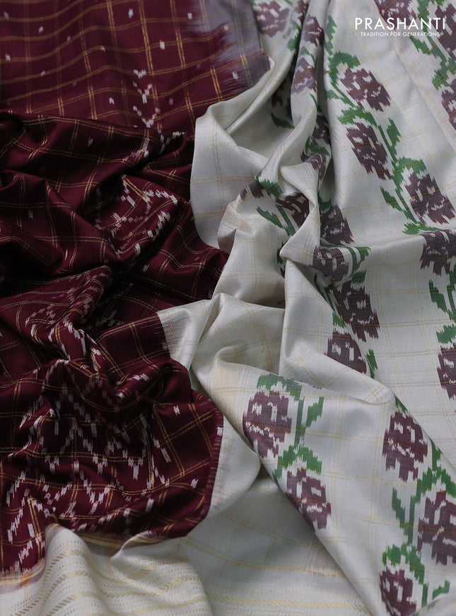 Pochampally silk saree deep maroon and pastel grey with allover zari checks & ikat weaves and long zari woven ikat border