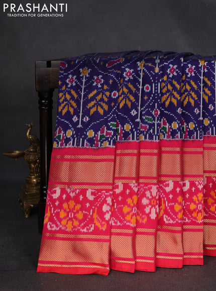 Pochampally silk saree blue and pink with allover ikat weaves and long zari woven ikat border