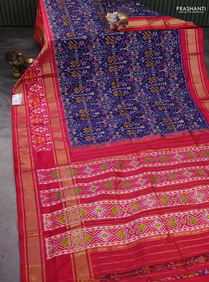 Pochampally silk saree blue and pink with allover ikat weaves and long zari woven ikat border