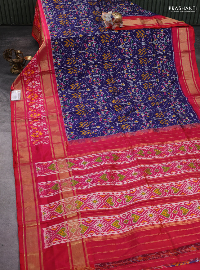 Pochampally silk saree blue and pink with allover ikat weaves and long zari woven ikat border