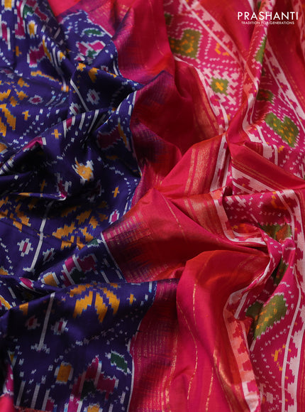 Pochampally silk saree blue and pink with allover ikat weaves and long zari woven ikat border