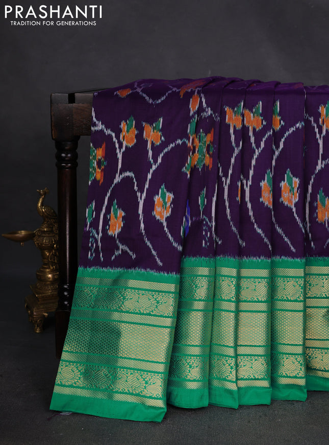 Pochampally silk saree deep violet and teal green with allover ikat weaves and long zari woven border