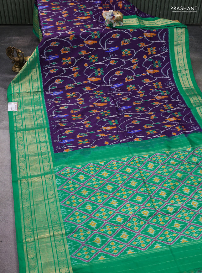 Pochampally silk saree deep violet and teal green with allover ikat weaves and long zari woven border