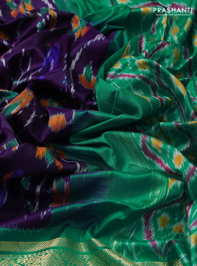 Pochampally silk saree deep violet and teal green with allover ikat weaves and long zari woven border