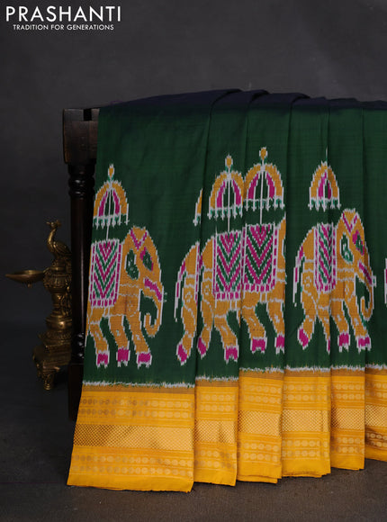 Pochampally silk saree bottle green and mustard yellow with plain body and long ikat woven zari border