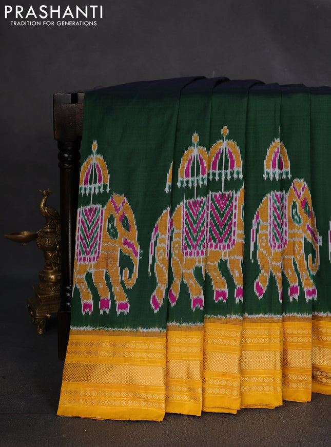 Pochampally silk saree bottle green and mustard yellow with plain body and long ikat woven zari border