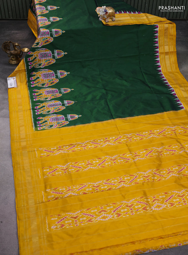 Pochampally silk saree bottle green and mustard yellow with plain body and long ikat woven zari border