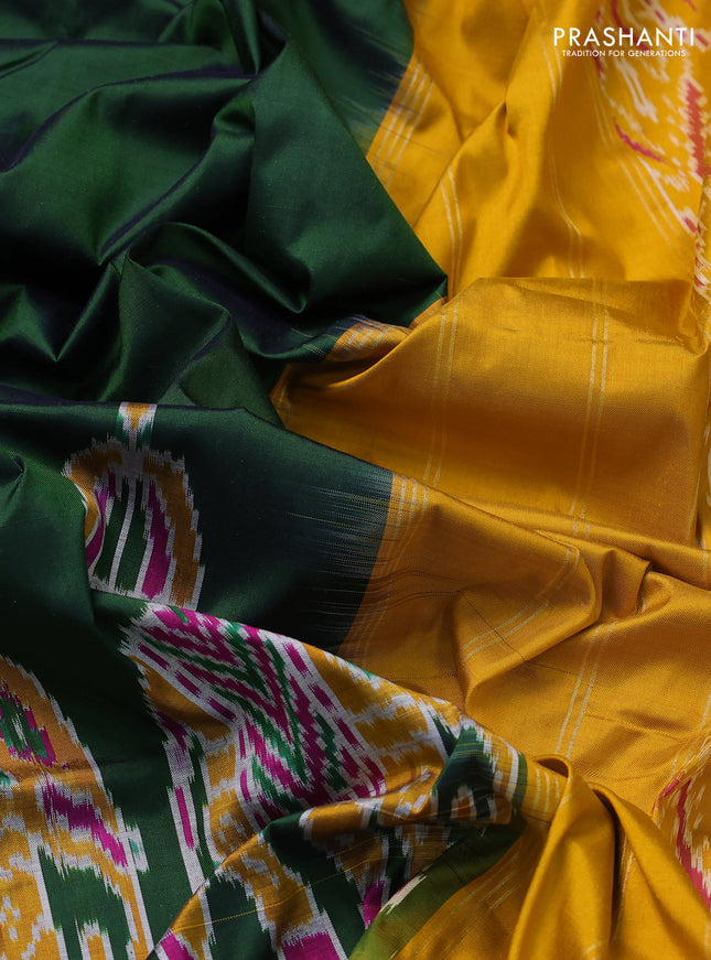 Pochampally silk saree bottle green and mustard yellow with plain body and long ikat woven zari border