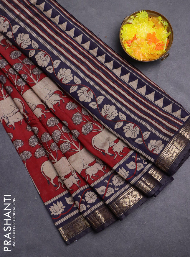 Maheshwari cotton saree maroon and navy blue with allover pichwai prints and zari woven border