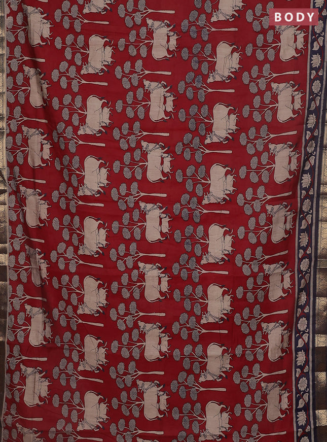 Maheshwari cotton saree maroon and navy blue with allover pichwai prints and zari woven border