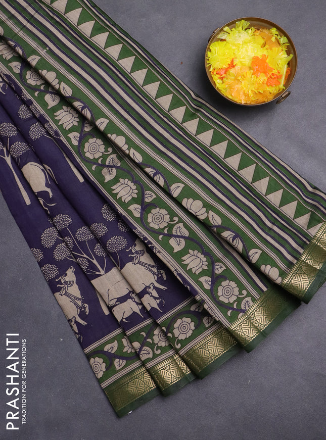 Maheshwari cotton saree navy blue and sap green with allover pichwai prints and zari woven border