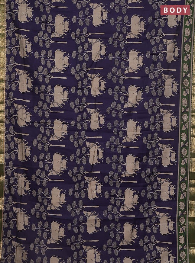 Maheshwari cotton saree navy blue and sap green with allover pichwai prints and zari woven border