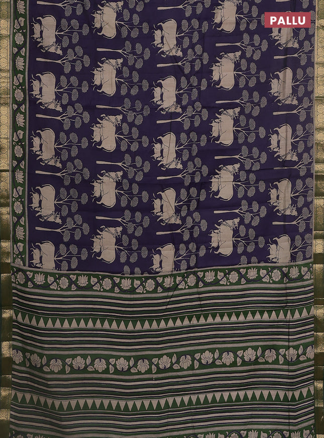 Maheshwari cotton saree navy blue and sap green with allover pichwai prints and zari woven border